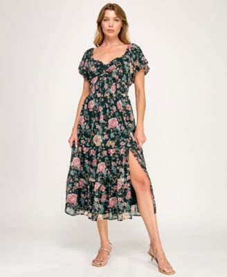 Trixxi - Women's Puff Sleeve Twist Front Midi Dress