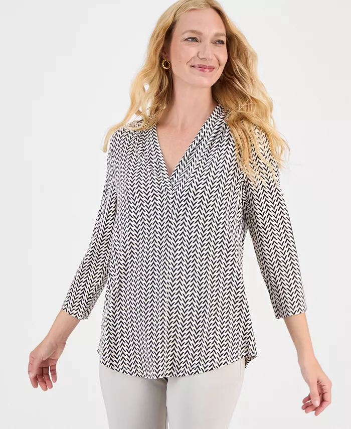 Women's Printed 3/4 Sleeve V-Neck Knit Top - thumbnail 5