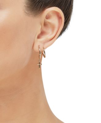 Polished Dangle Cross with Double Illusion Tube Hoop Earrings in 14k Yellow Gold