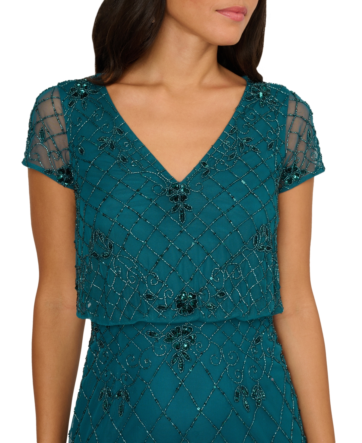 Adrianna Papell Petite Bead Blouson V-neck Long Dress In Blue