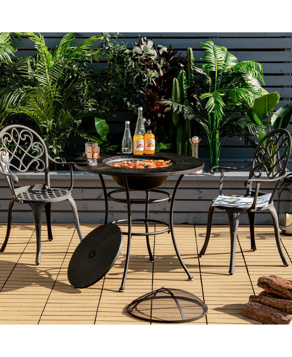 Mecale 31.5 Inch Patio Fire Pit Dining Table With Cooking Bbq Grate