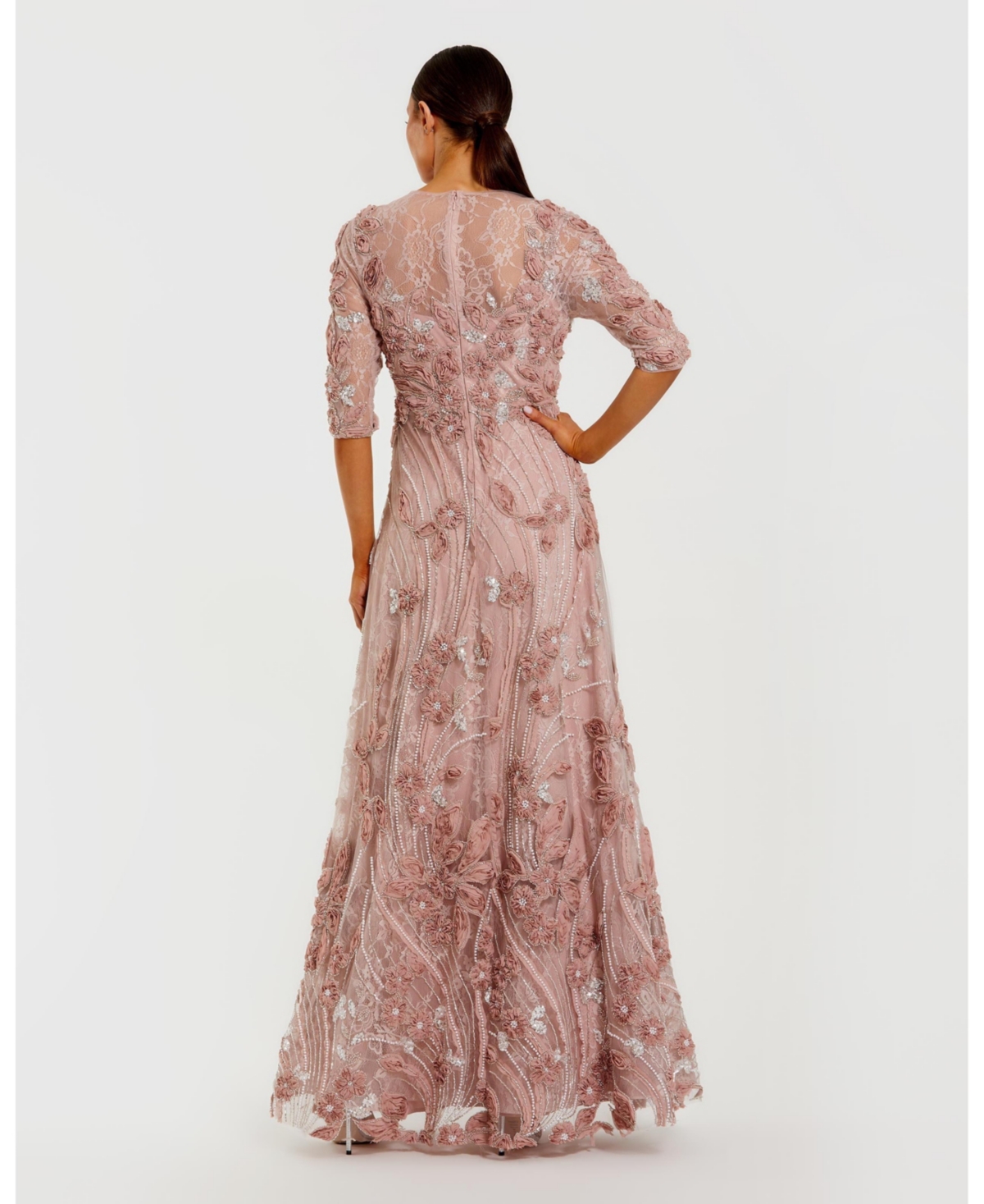 Mac Duggal Women's 3/4 Sleeves High Neck Embellished Lace Gown