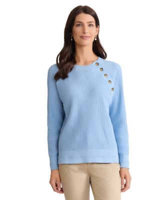 Jones New York - Petite Raglan Button Sleeve Crewneck Sweater