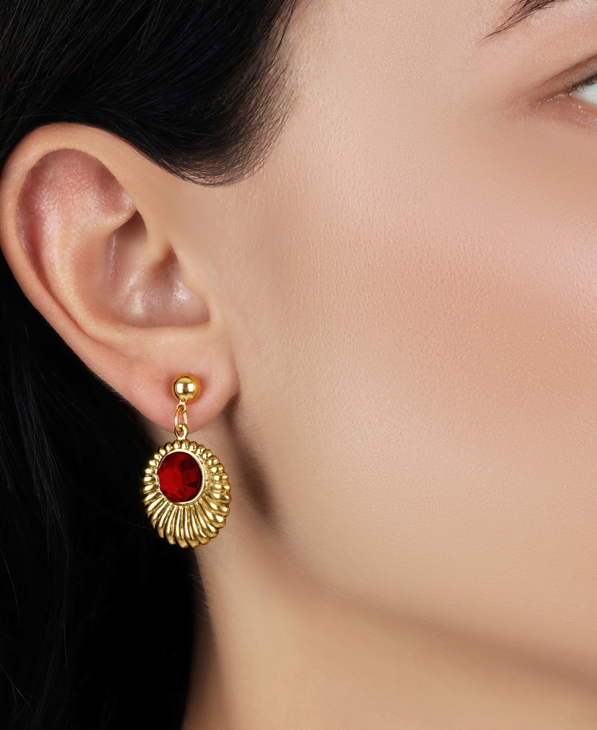 2028 Gold Tone Crystal Drop Round Earrings In Red