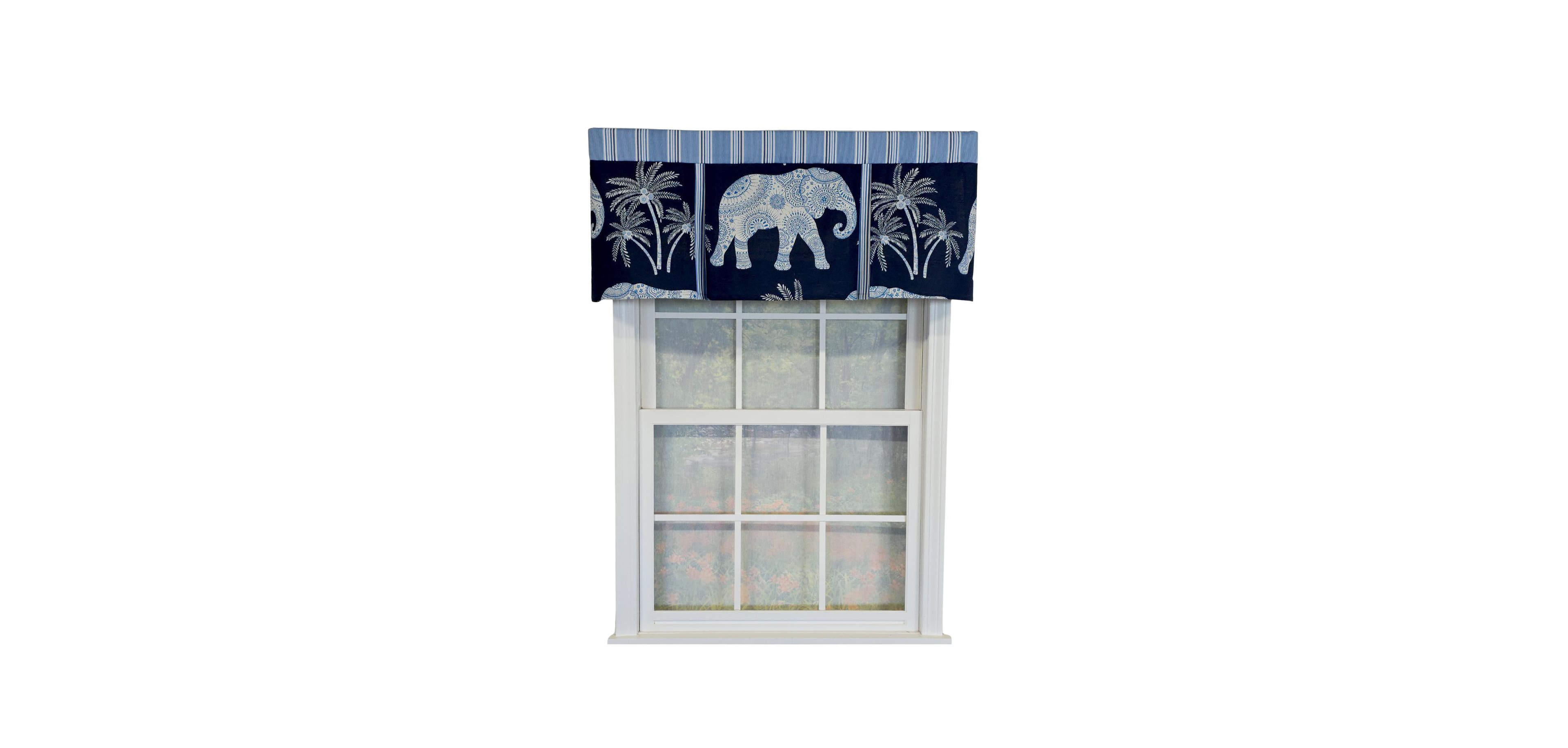 Rlf Home 100% Cotton White Elephant Pleated Unlined Windows Rod Pocket Valance 50" x 17" Blue