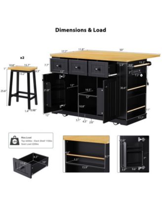 CASAINC 50" 3 Pc. Set Rubber Wood, Bamboo Drop Leaf, Power Outlet, Drawers, Racks, Bar Stools Kitchen Island