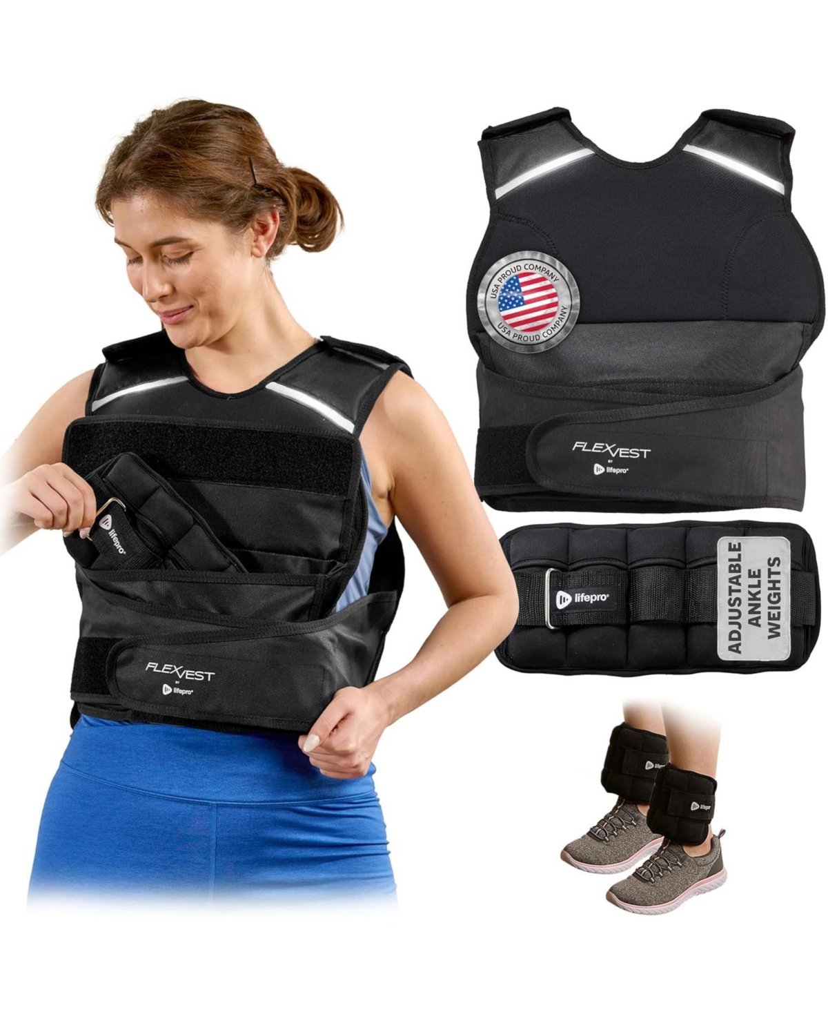 Lifepro 2-in-1 Adjustable Weighted Vest + Ankle Weights (15 & 20lbs) – Reflective Training Vest with Phone Pocket