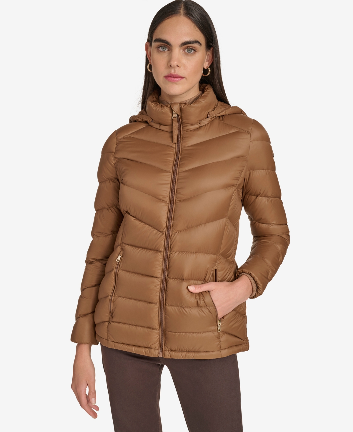 Calvin Klein Women's Short Faux Fur Collar Puffer Jacket In Brown