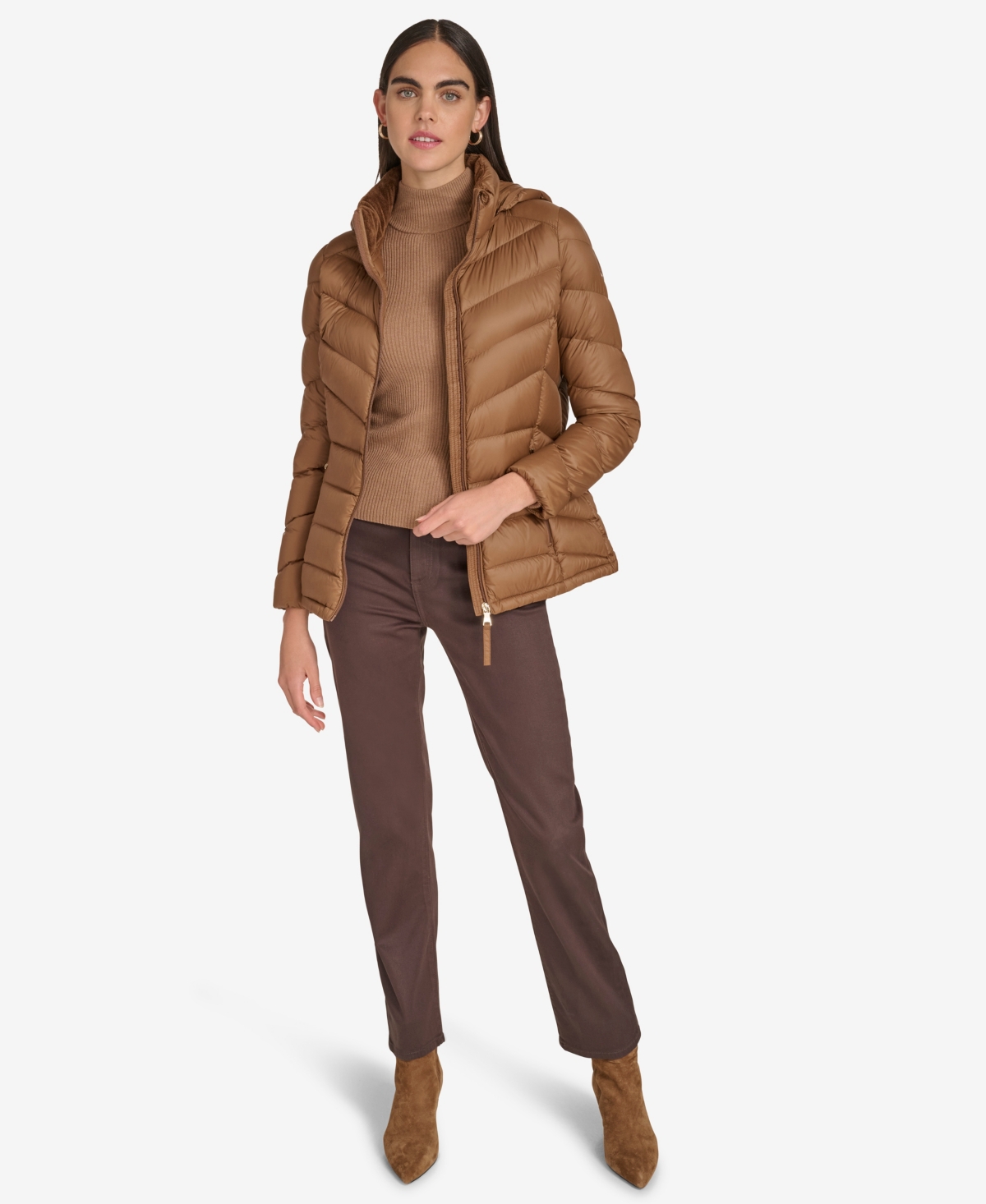 Calvin Klein Women's Short Faux Fur Collar Puffer Jacket In Brown