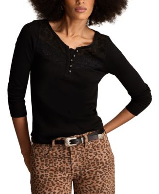 Women's Lace-Yoke Long-Sleeve Henley Top