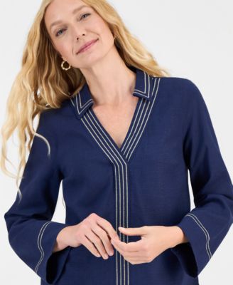 Women's Trapunto Stitch Collared Long-Sleeve Top, Macy's Exclusive