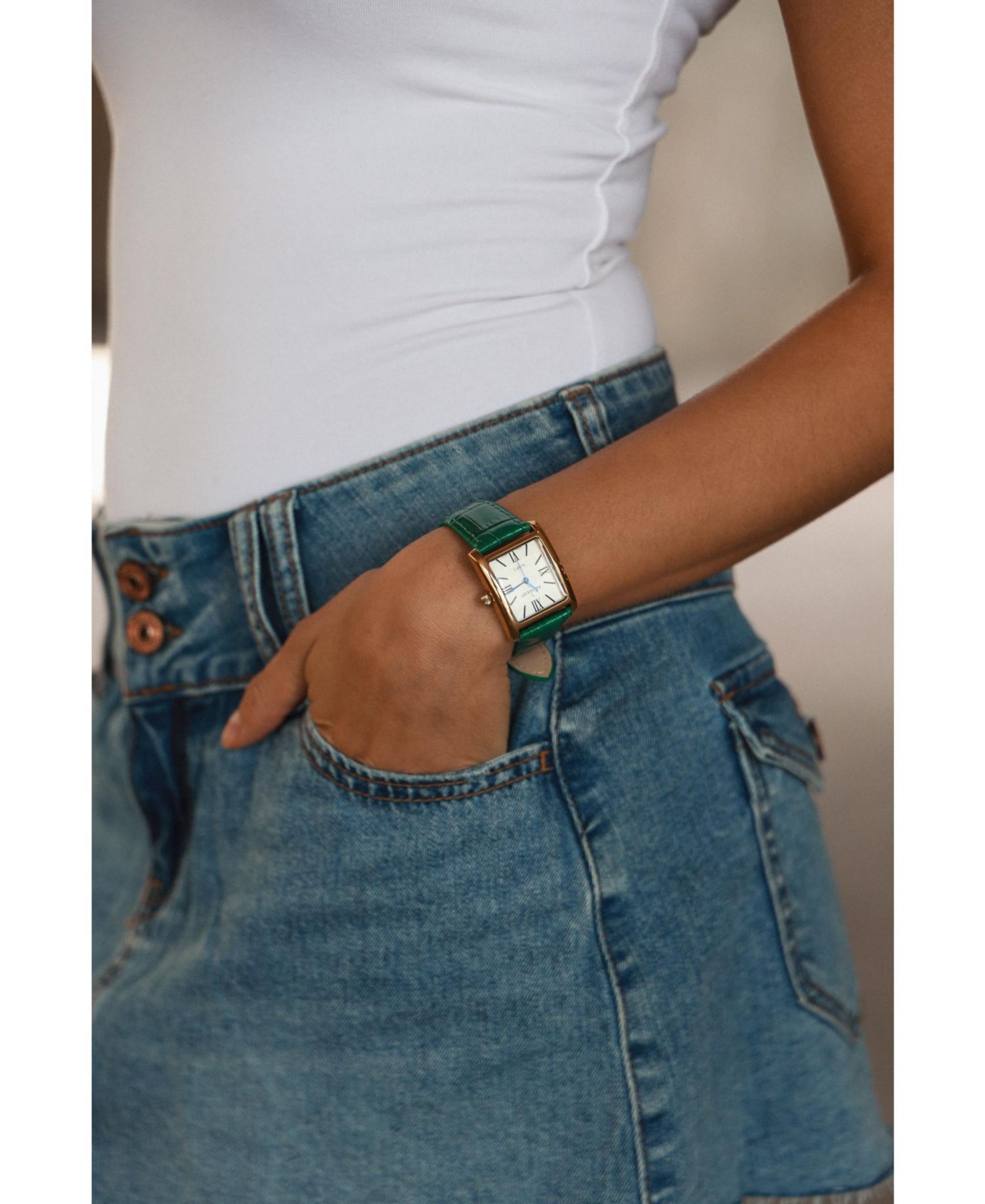 Women's Tank Watch Roman Dial Green Leather Strap