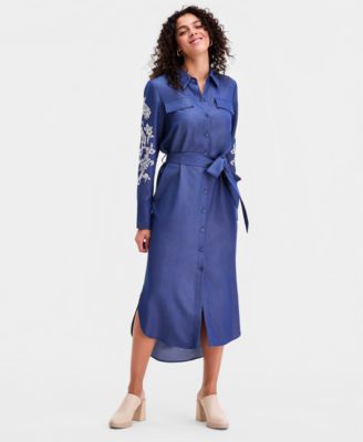 Women's Embroidered-Sleeve Denim Shirtdress