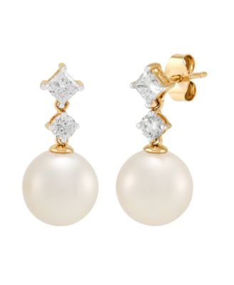 Grown With Love - White Freshwater Cultured Pearl (9-10mm) and Diamond Earrings (3/4 ct. t.w.) in 10K Yellow Gold