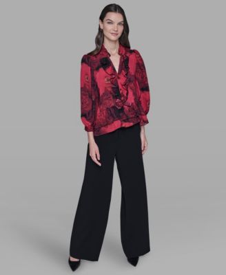 Women's V-Neck Floral Print Ruffle Detail Top