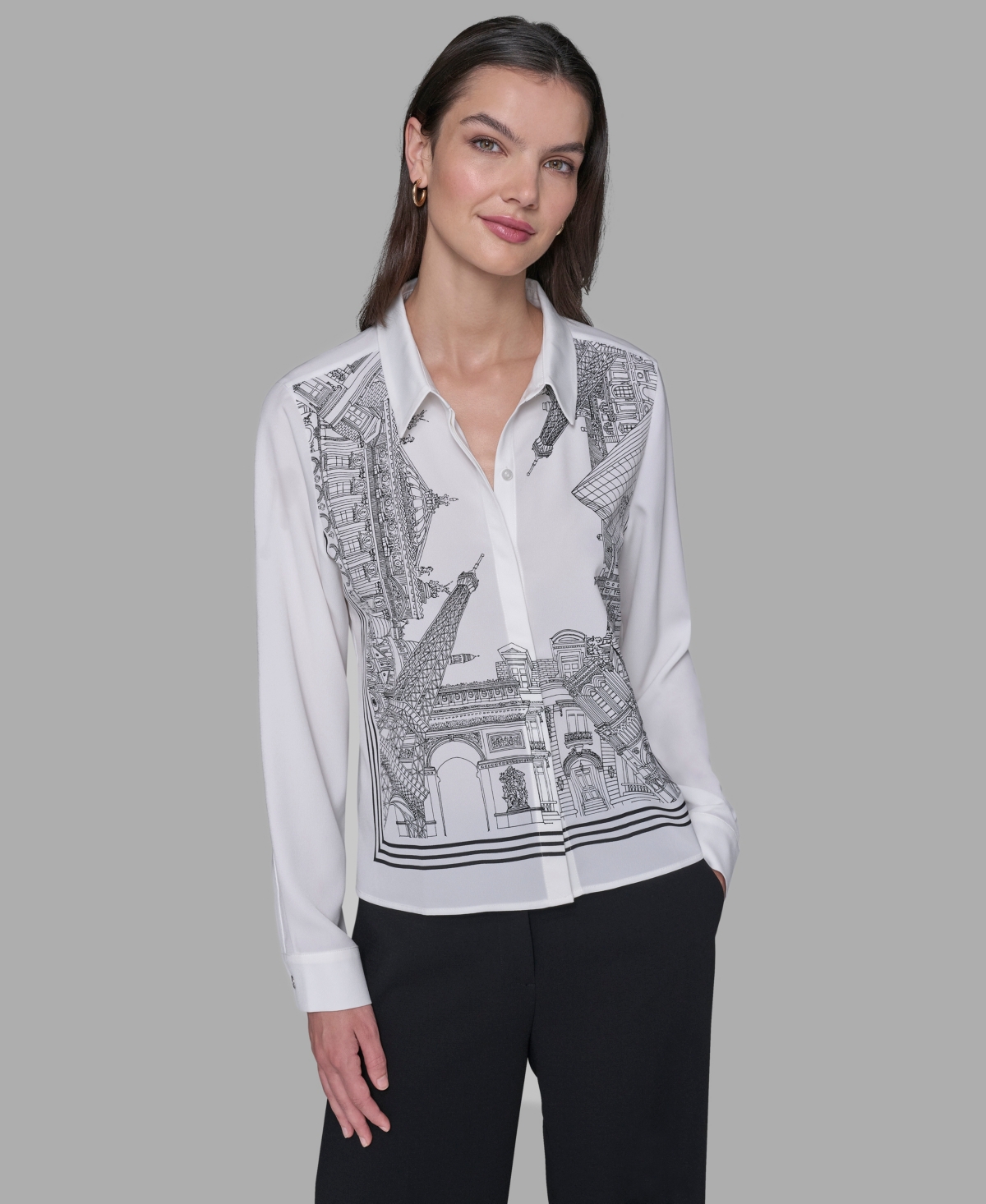 Karl Lagerfeld Women's Placed Print Button Down Top In White