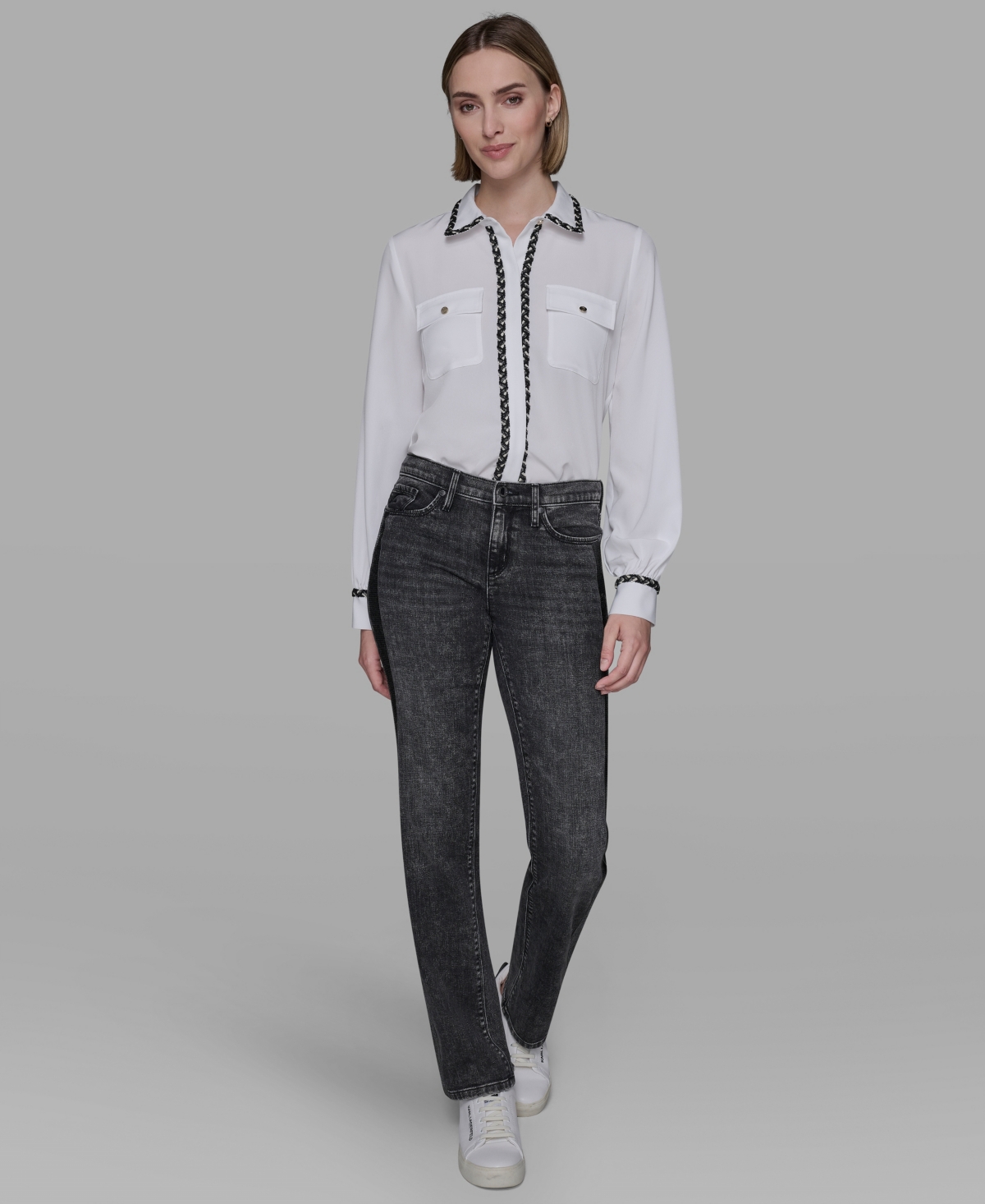 Karl Lagerfeld Women's Rhinestone-stripe Straight-leg Jeans In Gray