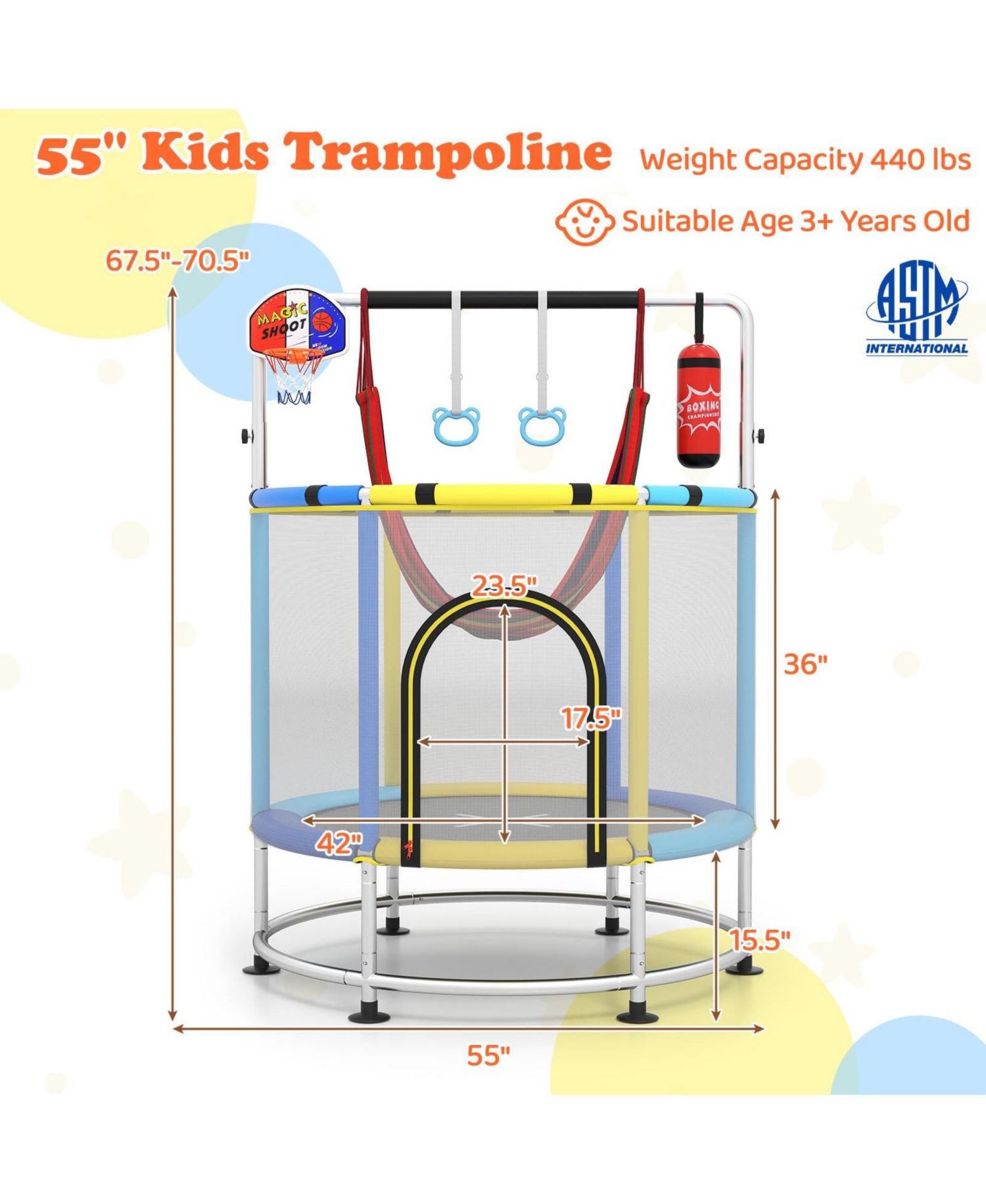 Kids Ages 3-6 6-in-1 Trampoline with Safety Net
