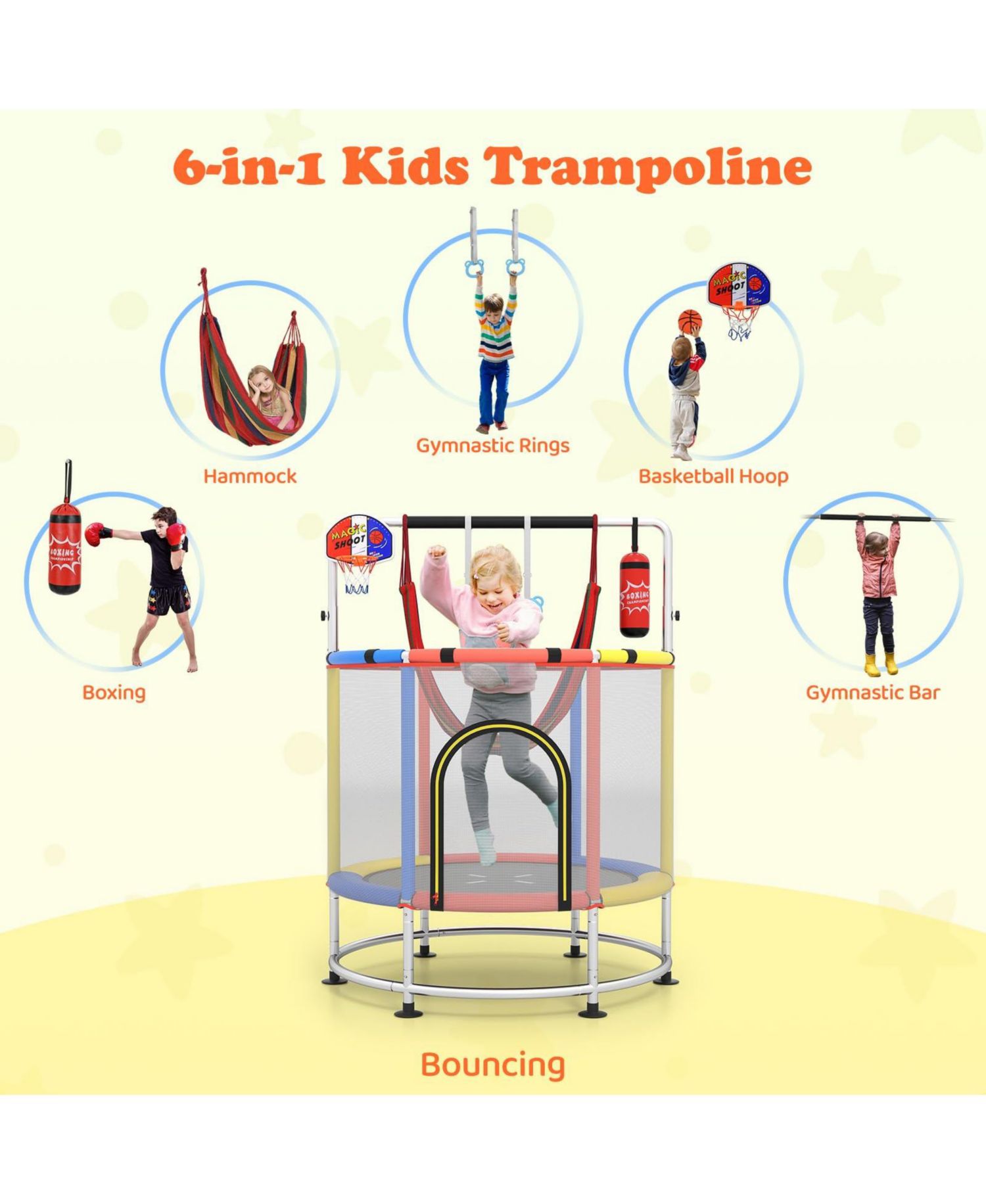 Kids Ages 3-6 6-in-1 Trampoline with Safety Net