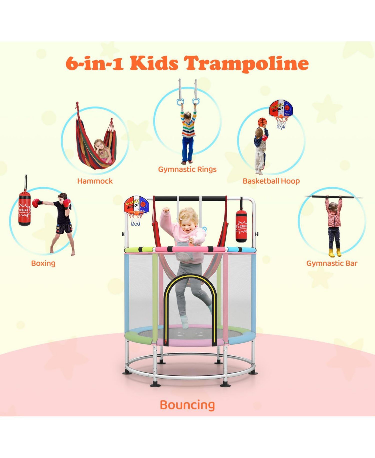 Kids Ages 3-6 6-in-1 Trampoline with Safety Net