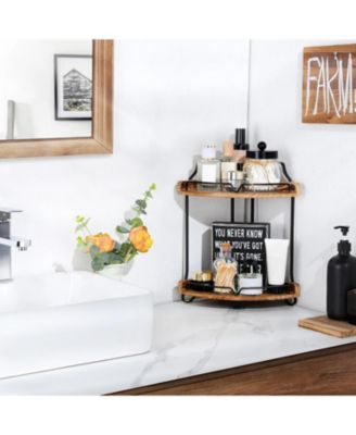 2 Tier Bathroom Countertop Organizer - Wood Corner Bathroom Counter Storage for Makeup & Skincare, Makeup Organization for Vanity