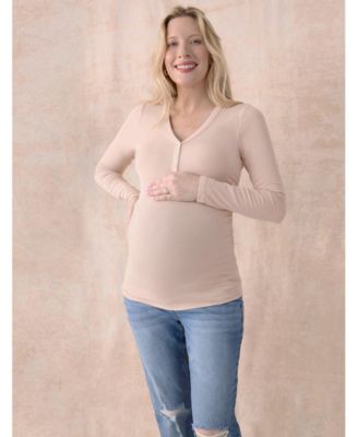 Maternity V-Neck Side-Ruched Long Sleeve Henley Tee - Motherhood