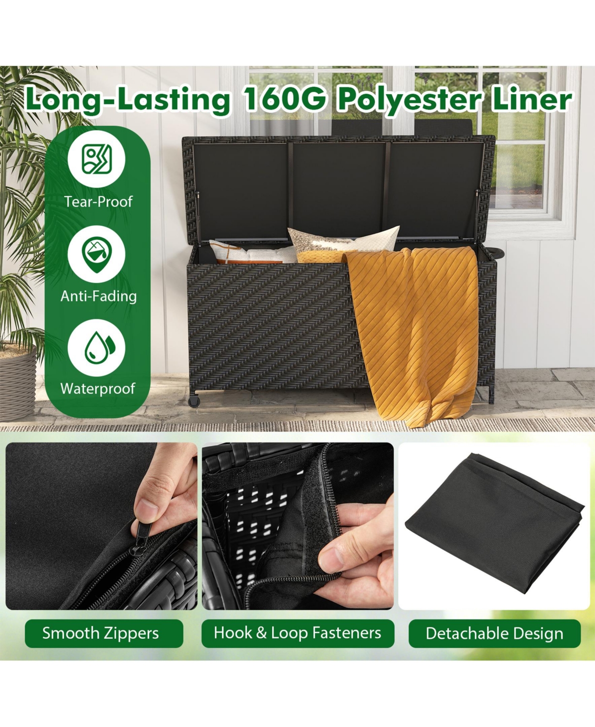 Sugift 85 Gallon Outdoor Storage Box with Removable Liner and Universal Wheels-Black