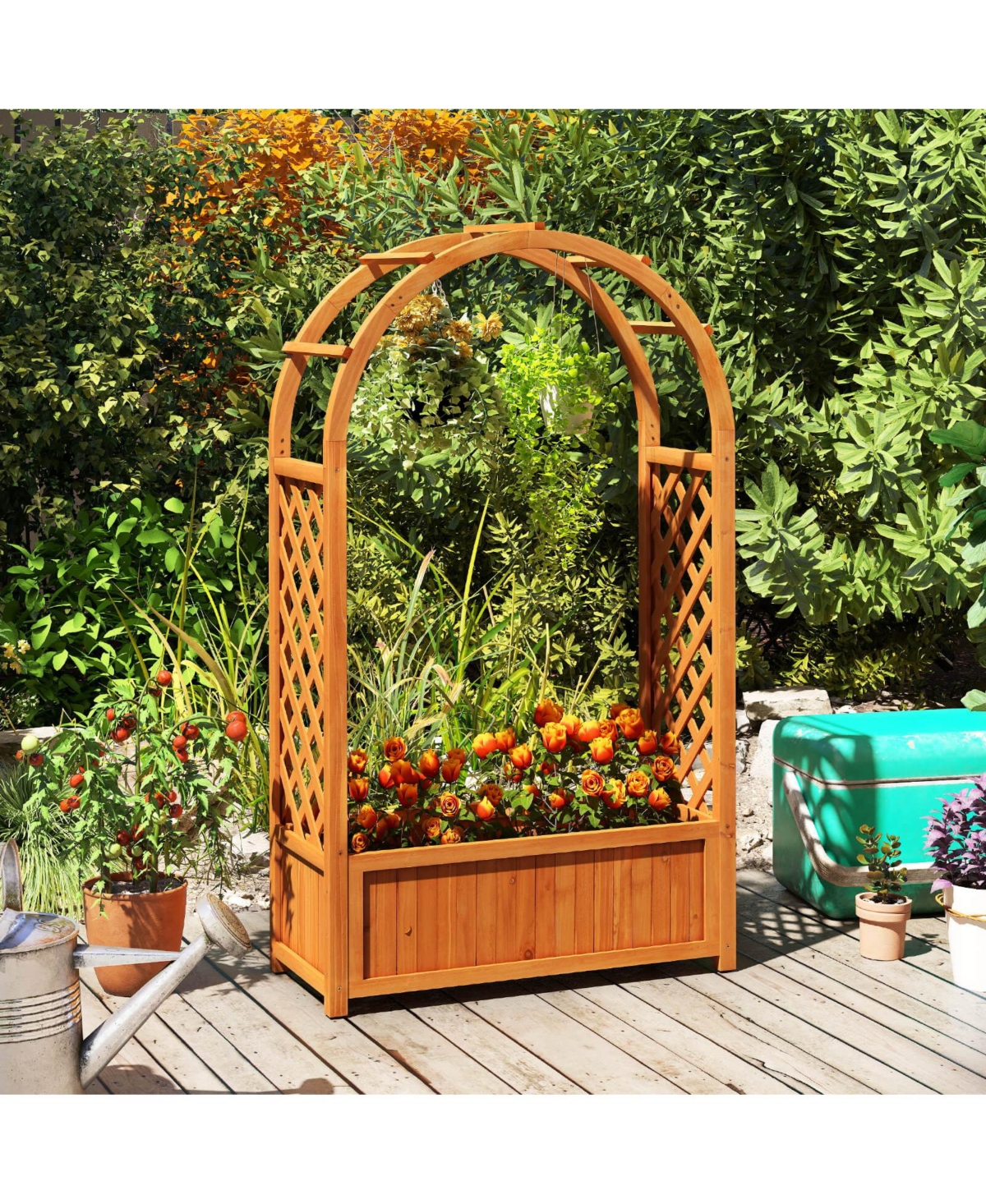 Costway Raised Garden Bed Wooden Elevated Planter Box with Lattice Trellis & Ached Roof