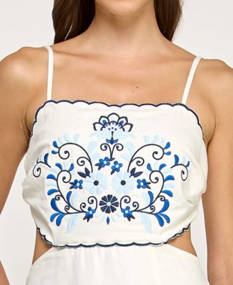 Juniors' Sleeveless Embroidered Scallop Bust Midi