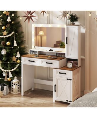 Makeup Vanity with Square Mirror, Tricolor Light & Charger