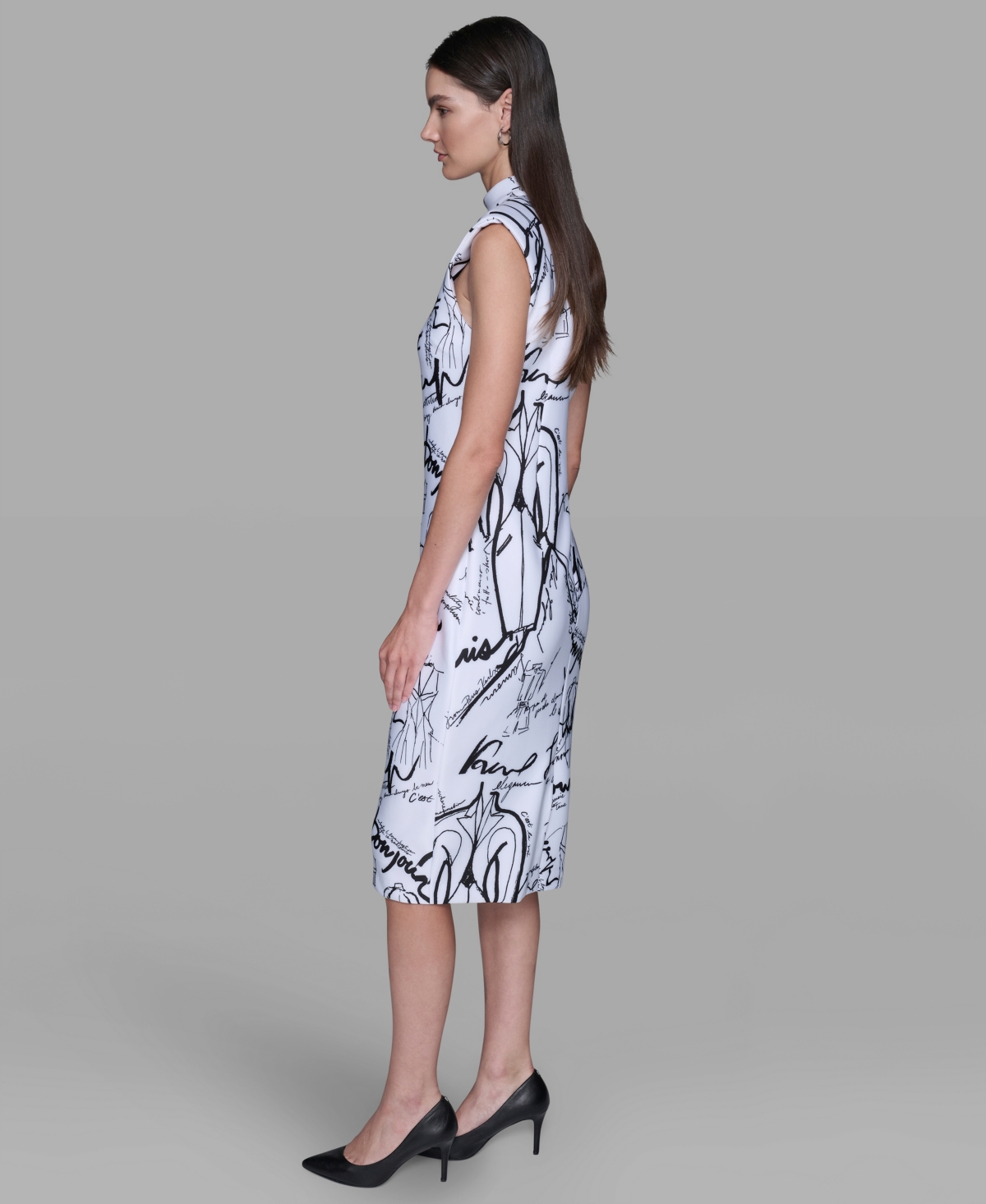 Karl Lagerfeld Women's Printed Paris Print Mock Neck Scuba Sheath Dress In White