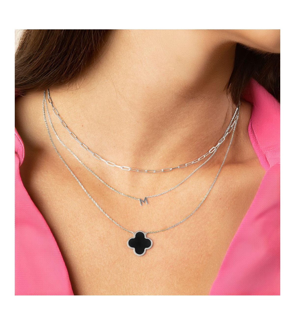 The Lovery Onyx Single Clover Necklace 14K White Gold