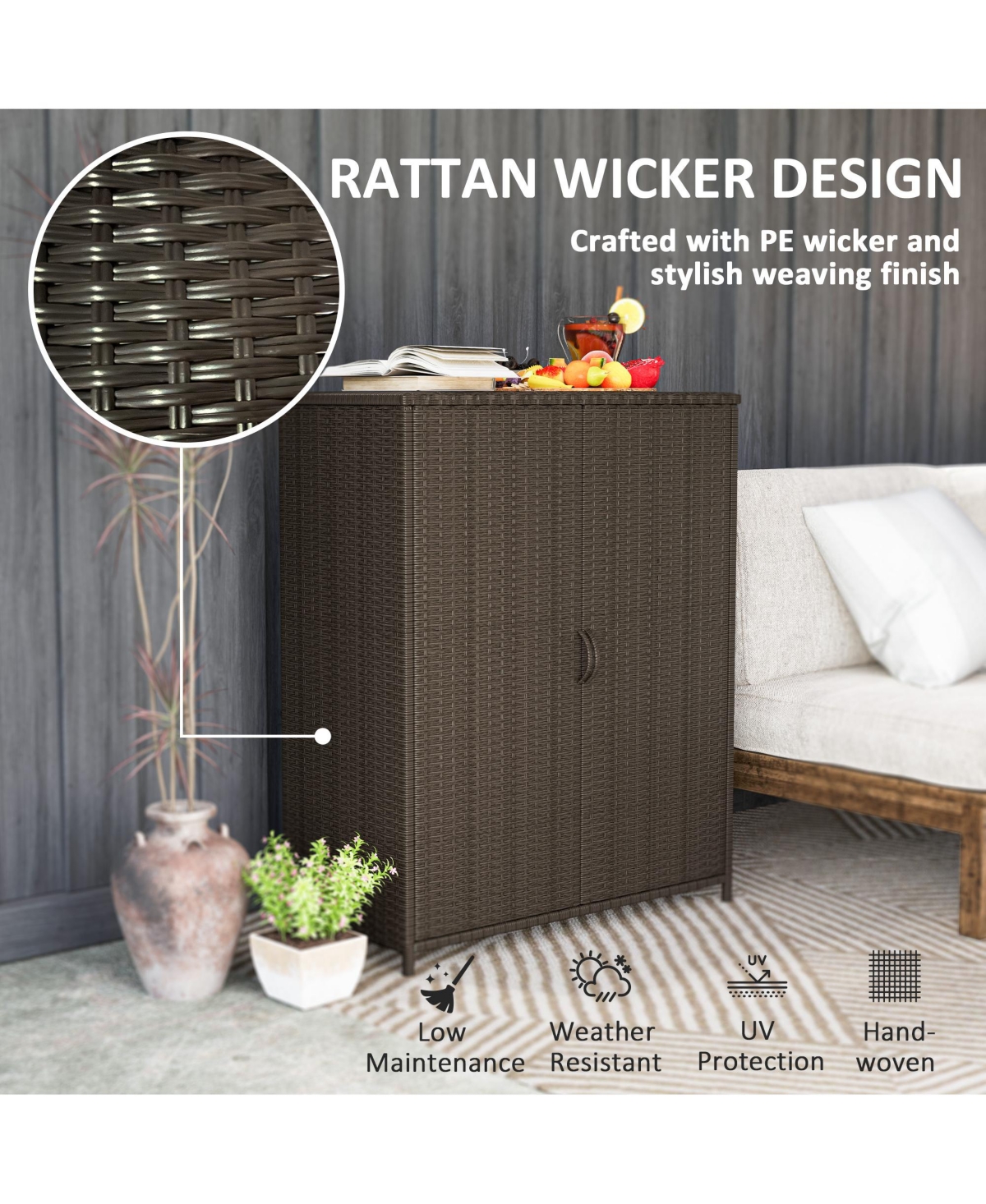 Outsunny Wicker Outdoor Storage Cabinet with Shelves, 2 Doors, Dark