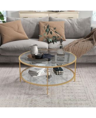 Round Side Table with Storage, 2-Tier End Table Tempe Glass Top