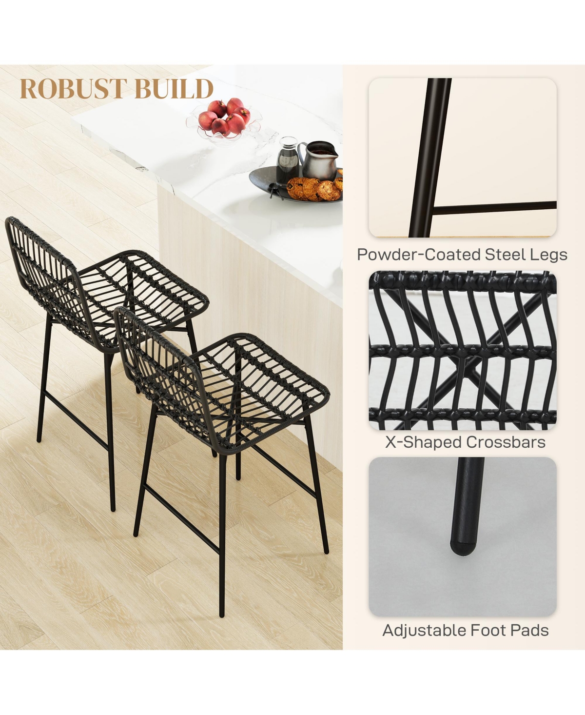 Homcom Rat Counter Height Bar Stools Set of 2 Barstools with Back,