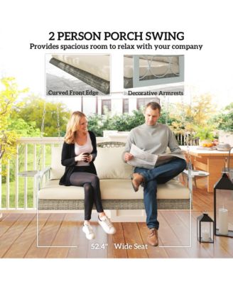 Wicker Porch Swing, Hanging Swing Bench with Cup Holder