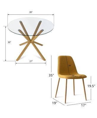 5-Piece Oak Finish Modern Round Glass Dining Set