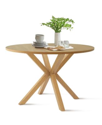 5-Piece Round Glass Dining Set, Modern Kitchen Table with Oak Finish Metal Legs and 4 Upholstered Chairs for Small Spaces