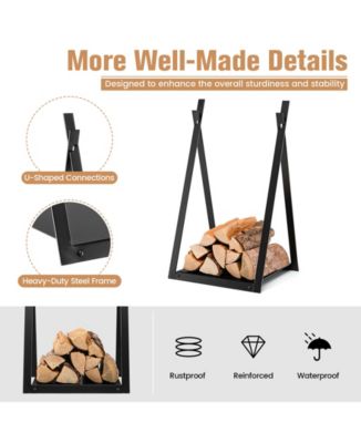 Triangle Firewood Rack with Raised Base for Fireplace Fire Pit-Black