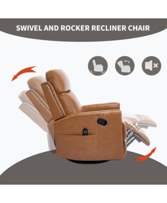Genuine Leather Heat Massage Manual Recliner Chair with Rocker and Swivel for Living Room