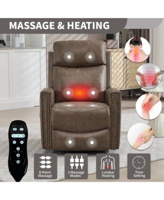 Genuine Leather Heat Massage Manual Recliner Chair with Rocker and Swivel for Living Room