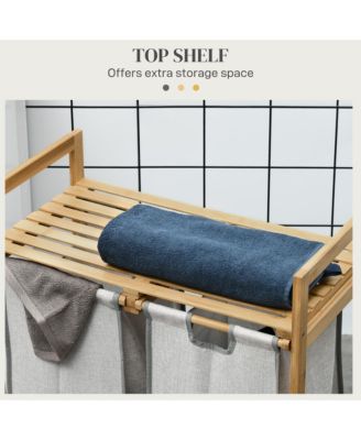 Double Laundry Hamper with 2 Removable Bags, and Natural Wood