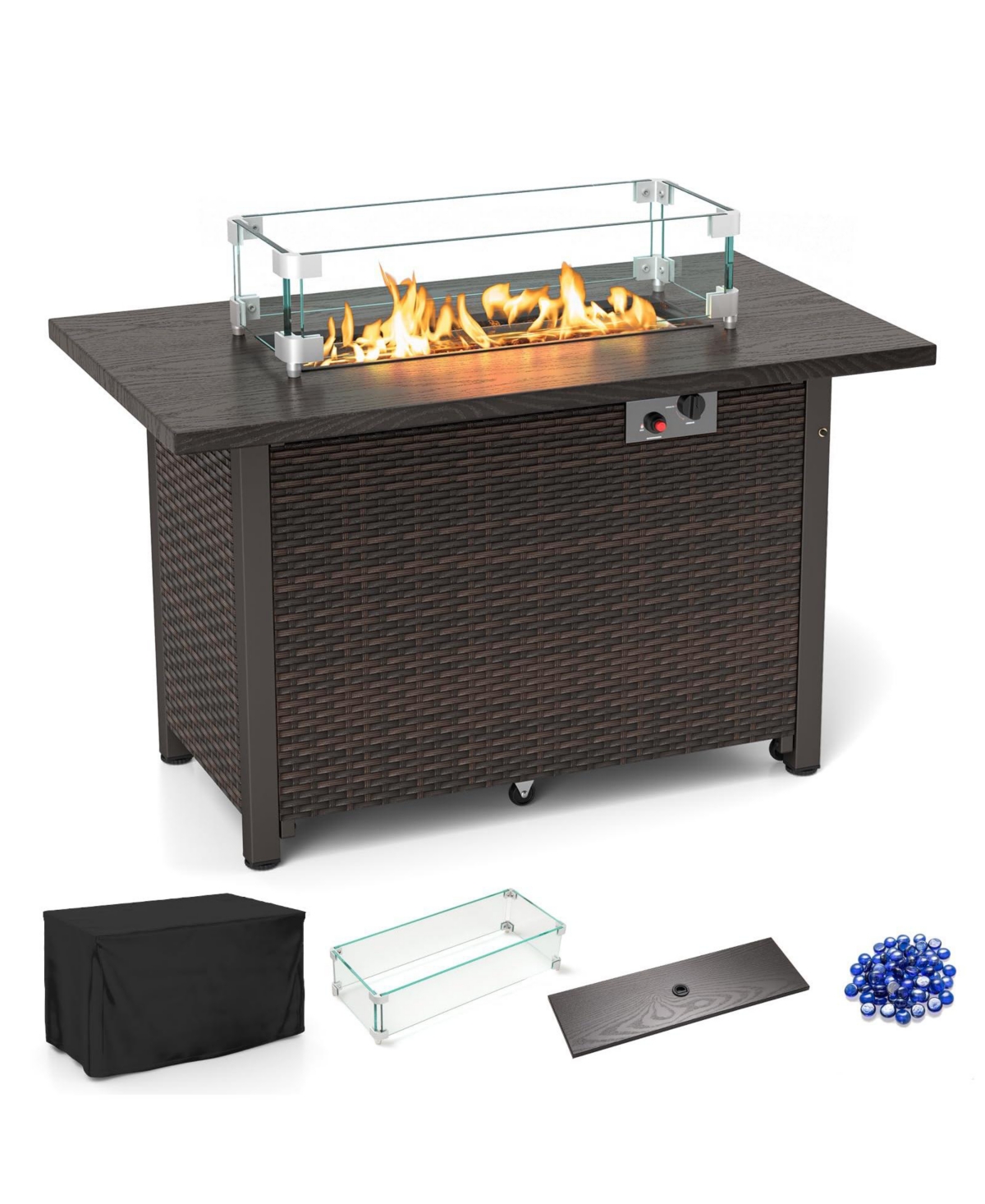 Mecale 50000 Btu 2 Inch Ropane Gas Fire Pit Table with Wind Guard and Glass Rocks