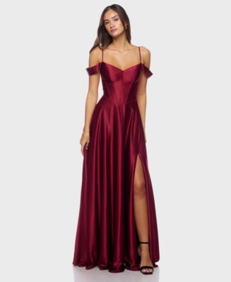 burgundy formal dresses for juniors B Darlin Juniors' Off-The-Shoulder Charmeuse Dress - Wine Color:Baby Blue 130gsm Available in Burgundy Black Dress Affair Road Trip Around Eastern