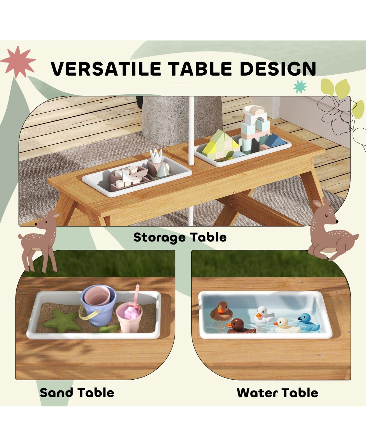 Qaba Kids Picnic Table, Wooden Outdoor Table & Bench Set with Umbrella