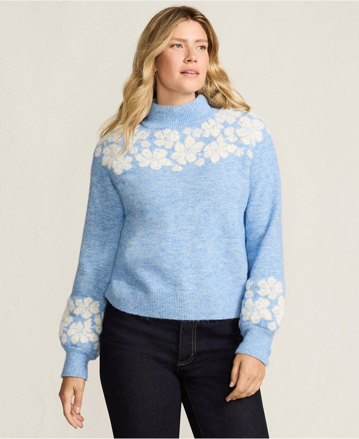 Lands' End Women's Fuzzy Turtleneck Lantern Sleeve Jacquard Sweater
