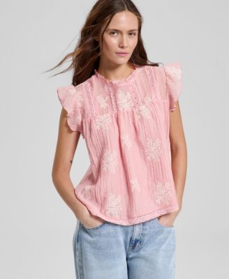 Women's Embroidered Flutter-Sleeve Top, Macy's Exclusive