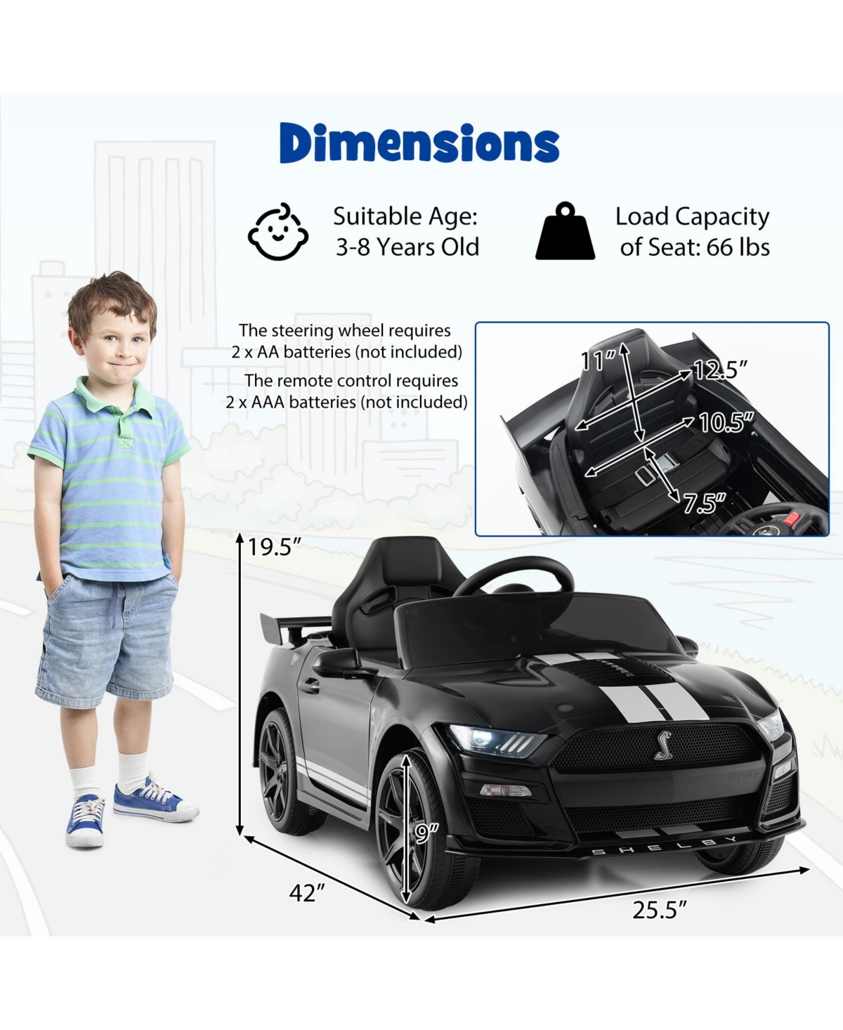 Sugift 12V Licensed Ford Mustang Shelby GT500 Kids Ride on Car with Remote Control for Kids Aged 3-8