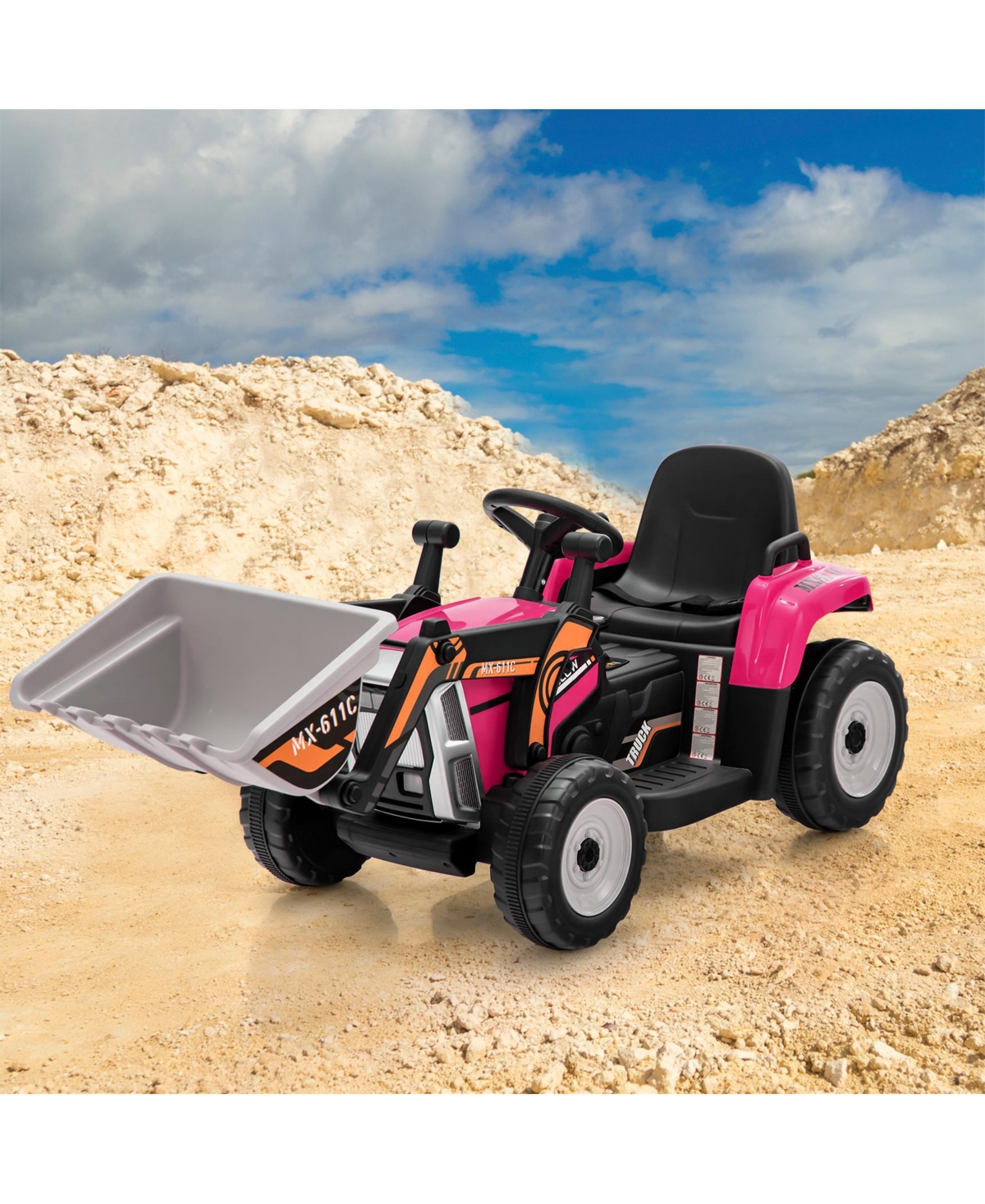 Sugift 12V Battery Powered Kids Ride on Excavator with Adjustable Arm and Bucket-Pink