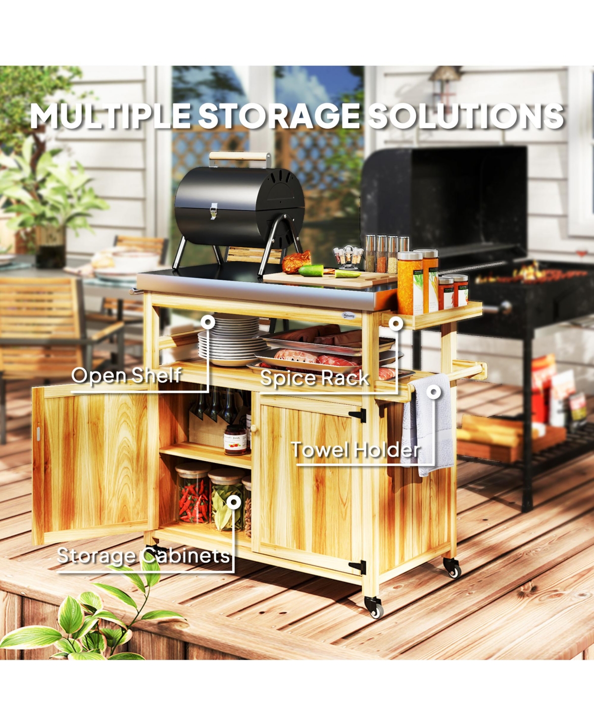 Outsunny Grill Cart, Kitchen Island with Storage Cabinets,